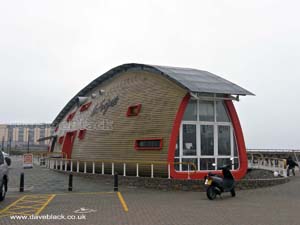 La Fregate Cafe like the hull of an upturned boat on the Esplanade, St. Helier, Jersey, Channel Isles
