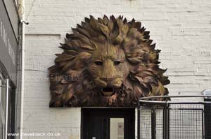 A close up of the lion in the courtyard of The Custard Factory