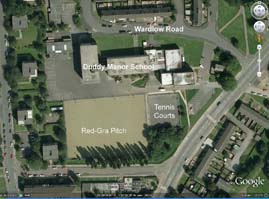 Google Aerial View of Duddeston Manor School, including the red-gra pitch