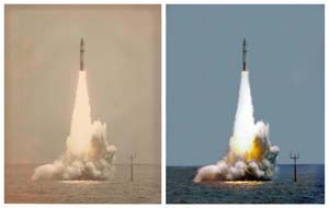 Restoration of a photo of a Polaris Missile just after launch at sea