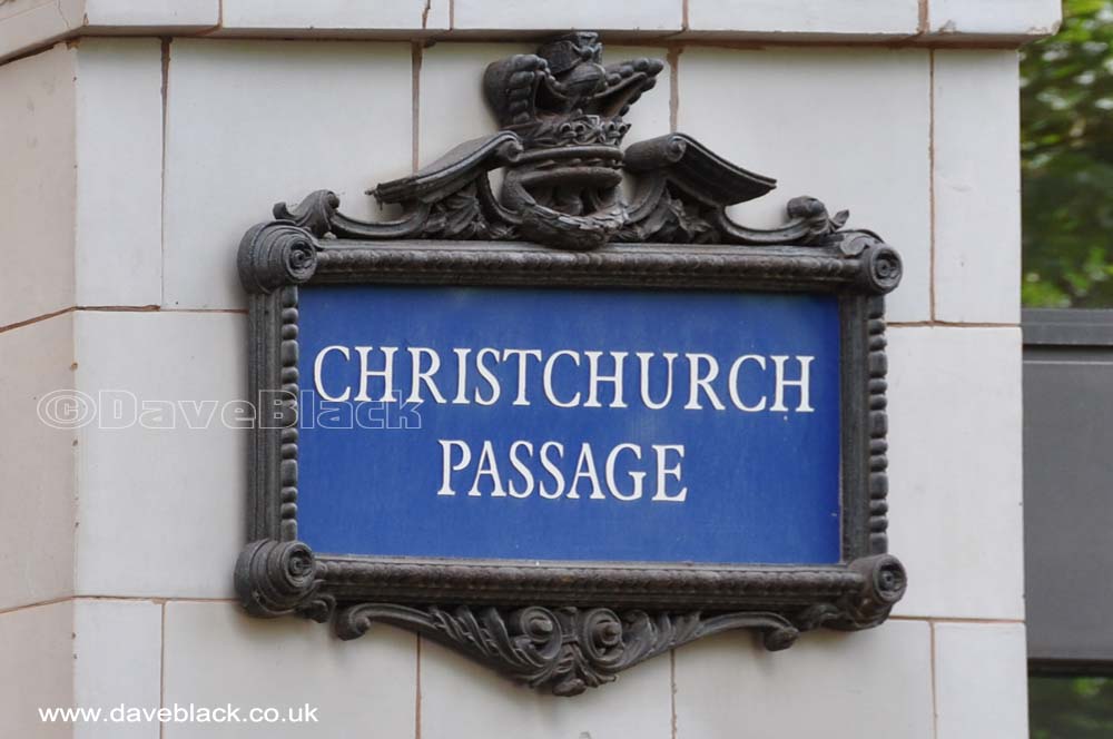 Blue Christchurch Passage sign near the top of the steps